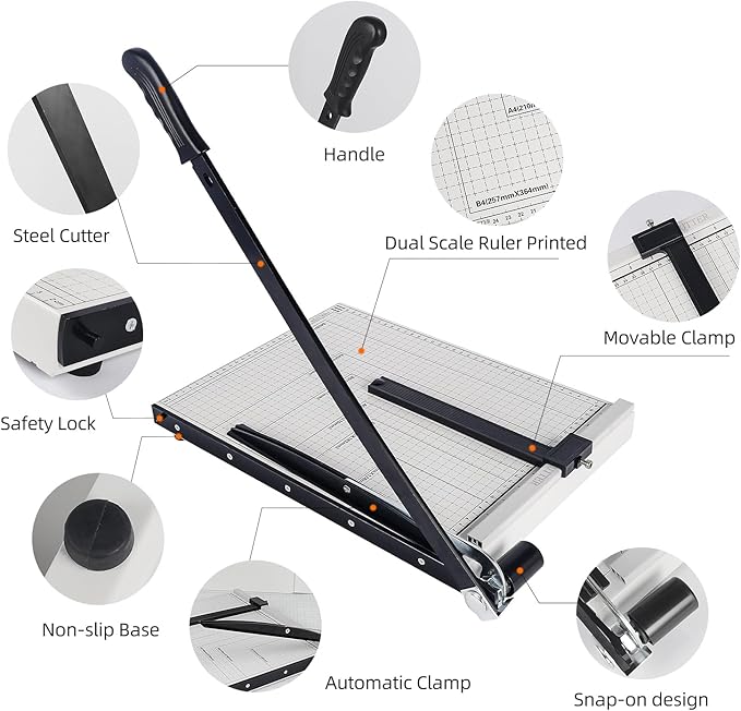 B4 Paper Cutter Paper Slicer with Safety Guard and Blade Lock Paper Trimmer Guillotine Heavy Duty Metal Base 15" Cutting Length Guillotine Paper Cutter for Office Home School(White)