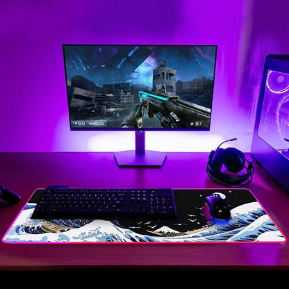 Gaming Laptop Mouse Pad,Sea Wave Big Mice Pads PC Keyboard Waterproof and Non-Slip 31.5 x 11.9 0.12" Thick XL,XXL Rubber Table Mat, RGB Led with 10 Lighting Modes+9 Color Changing Modes Mat