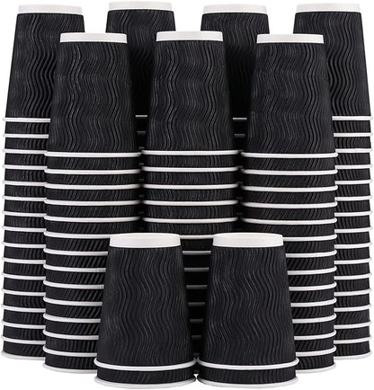 Lamosi 12 oz Disposable Coffee Cups - 120 Pack, Insulated Corrugated Paper Cups 12 oz, Kraft Ripple Wall Cups for Hot Beverage or Cold Drinks Office/Home/Party/Travel/Cafe (Black)
