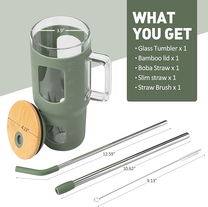 Glass Tumbler with Lid, 32 oz Glass Cup with Handle, Glass Water Bottles with Time Marker, 2 Straws - Pearl Straw & Silicone Protective Sleeve - Olive