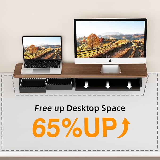 Large Dual Monitor Stand For Desk,43 Inch Desktop Computer Riser with Metal Drawer Desk Shelf Organizer For Computer/Laptop/PC/Printer/TV