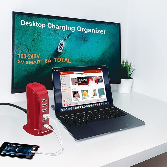 USB Phone Charger 6 Ports 40W Upoy, Type C Wall Charger Smart 6A, Charging Tower with 5ft Power Cord, USB Power Adapter Fast Charging, Smart Home Device Charging Station, iPhone/Ipad Accessories