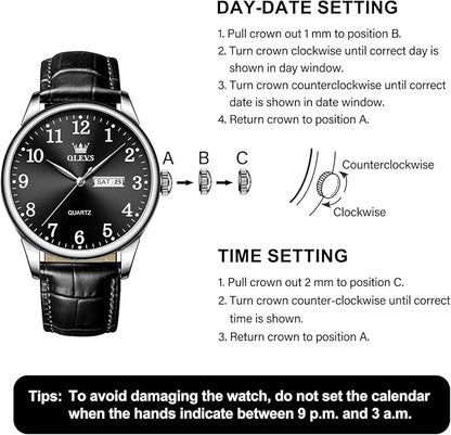 Men's Casual Leather Watch, Easy to Read Three-Hand Analog Stainless Steel Watches for Men, Minimalist Day Date Waterproof Luminous Mens Quartz Wristwatch