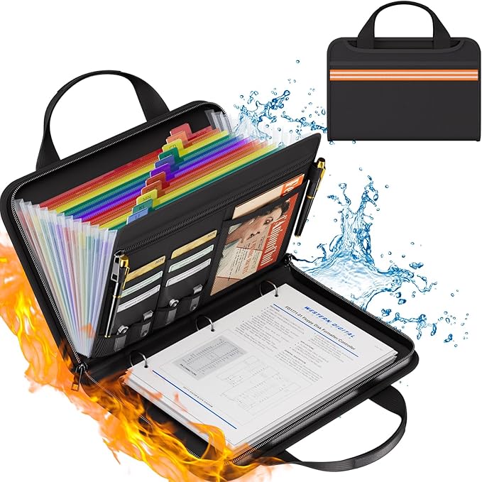 Fireproof Accordion File Organizer with Binder, 1 Inch D Rings Hold up 225 Sheets of 8.5" x 11", 13 Pocket Colorful Expanding File Folder with Zipper & Labels, Portable Travel Safe Storage