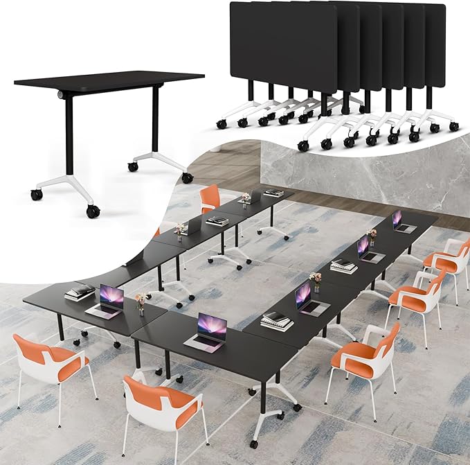 Folding Conference Table, Rectangular Conference Room Tables, Mobile Modular Training Table, Solid Steel Frame,Thickened Panel,for Offices,Meeting Room,Offices andSchools (6, Black, 55in)