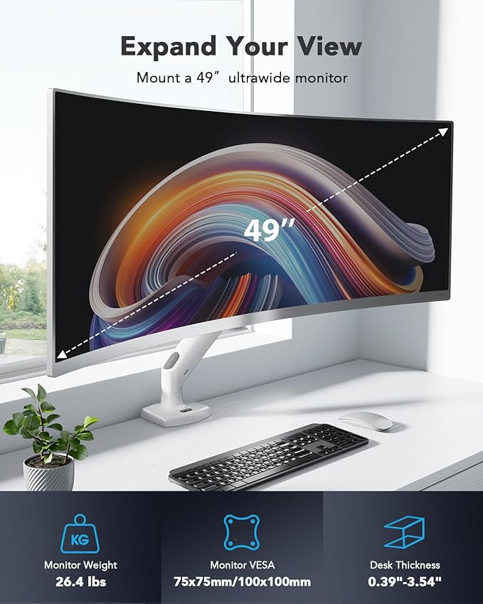 HUANUO Single Monitor Arm for 49 inch Screens, Ultrawide Computer Monitor Mount Holds 26.48 lbs, Upgraded Adjustable Stand with USB, C-Clamp & Grommet Base, VESA 75x75 or 100x100mm