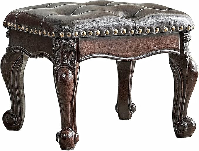 Footstool and Ottomans Small Foot Stool with Fiber Leather Wooden Foot Rest Upholstered Footrest for Living Room Bedroom (Dark-Brown)