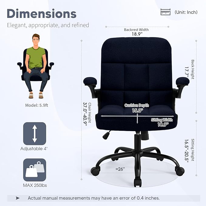 Office Chair with Wheels, Ergonomic Home Office Computer Chair with Flip-up Armrest, Adjustable Rolling Desk Chair Teddy Fleece – Dark Blue