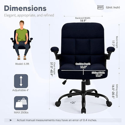 Office Chair with Wheels, Ergonomic Home Office Computer Chair with Flip-up Armrest, Adjustable Rolling Desk Chair Teddy Fleece – Dark Blue