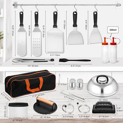 25Pcs Griddle Accessories Kit, Leonyo Flat Top Grill Accessories for Outdoor, Professional BBQ Griddle Tools Smash Burger Press Kit with Enlarged Spatulas Scraper, Basting Cover - PP Handle