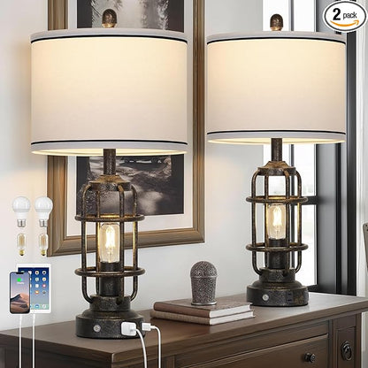26" Vintage Industrial Table Lamps Set of 2, Farmhouse 3 Way Dimmable Touch Control LED Night Lights Table Lamp with USB A+C Ports & AC Outlet, Rustic Retro Beside Nightstand Lamp for Bedrooms Bronze