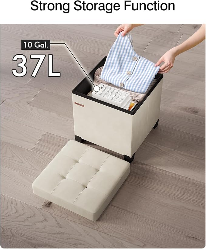 Cube Storage Ottoman, Velvet Foot Stool with Feet, Folding Bench, End of Bed Bench, Storage Chest, for Living Room, Bedroom and Office, 15 x 15 x 15.7 Inches, Cream White, ASND22W