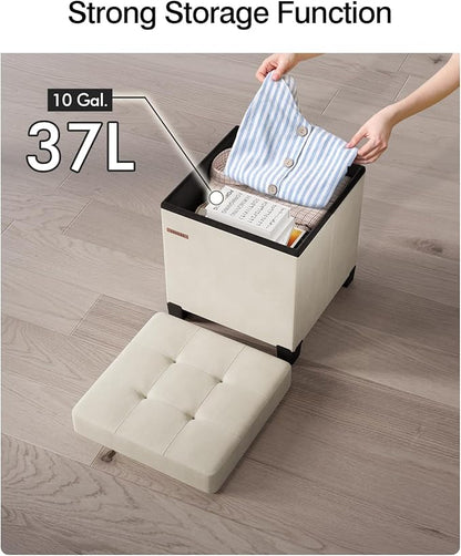 Cube Storage Ottoman, Velvet Foot Stool with Feet, Folding Bench, End of Bed Bench, Storage Chest, for Living Room, Bedroom and Office, 15 x 15 x 15.7 Inches, Cream White, ASND22W