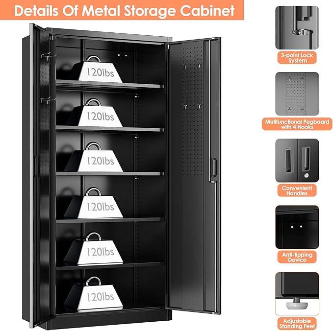 Metal Storage Cabinet with 2 Doors and 5 Adjustable Shelves, 71" H×32" W×16" D Garage Storage Cabinet with Pegboard for Garage,Office,Home,Gym,School, Lockable File Cabinet, Black