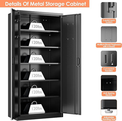 Metal Storage Cabinet with 2 Doors and 5 Adjustable Shelves, 71" H×32" W×16" D Garage Storage Cabinet with Pegboard for Garage,Office,Home,Gym,School, Lockable File Cabinet, Black