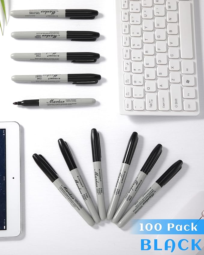 Thenshop 100 Pack Black Permanent Markers Bulk Fine Tip Permanent Marker Set Quick Drying Fine Point Pens for Classroom, Office, Home, Work on Wood, Metal, Stone, Glass, Christmas Office Gifts