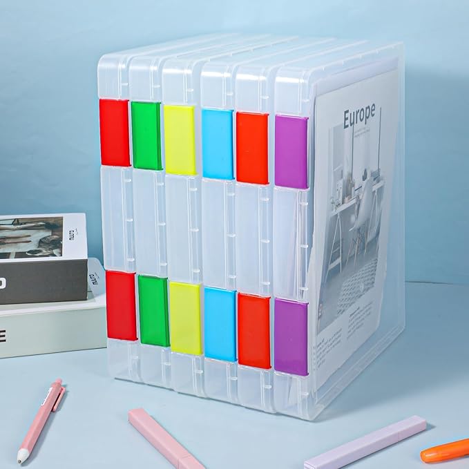 6 Pcs Clear A4 File Box Document Plastic Storage Box Paper Plastic Case Board Game Storage Containers Magazine Protector File Holder with Buckle (Colorful,12.4 x 9.65 x 1.18 Inches) ﻿