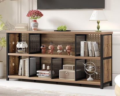 LVB Industrial Horizontal Bookshelf, 4 5 6 7 8 Cube Storage Organizer Bookcase, Modern Wide Large Book Shelf for Bedroom Living Room, Rustic Low Long Wood Metal Office Cubby Shelf, Rustic Oak, 63 Inch
