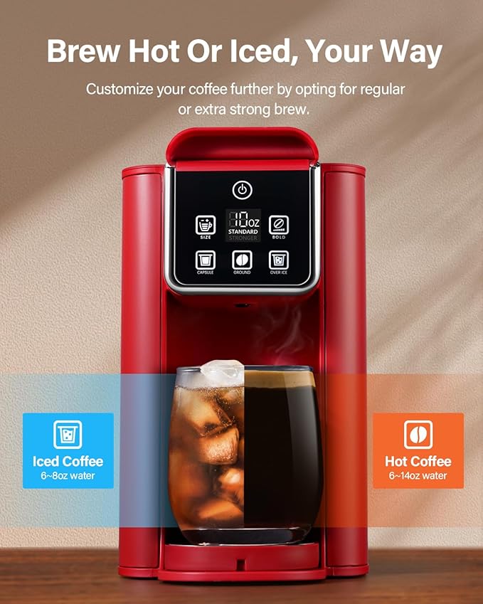SHARDOR Single Serve Coffee Maker, Hot & Iced Coffee Machine for K Cup and Grounds, 6 to 14 oz Brew Sizes, 50 oz Removable Water Tank, Bold Brew Setting, Pod Coffee Maker with Reusable Filter, Red