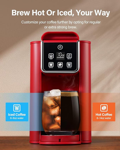 SHARDOR Single Serve Coffee Maker, Hot & Iced Coffee Machine for K Cup and Grounds, 6 to 14 oz Brew Sizes, 50 oz Removable Water Tank, Bold Brew Setting, Pod Coffee Maker with Reusable Filter, Red