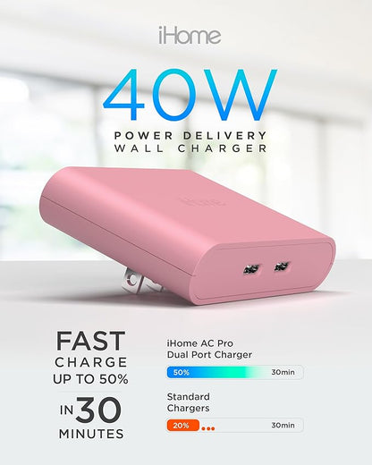 iHome Multiport 40W USB-C Charger, AC Pro 2-Port Flat Block, Dual Fast Charging Wall Adapter