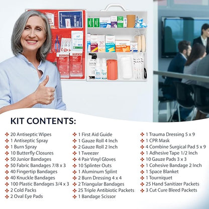 MFASCO OSHA/ANSI 2021 Class B Compliant First Aid Cabinet - Large 3-Shelf Wall Mount Kit for Office, Commercial Businesses - Complete Metal First Aid Box with Supplies - No Medications