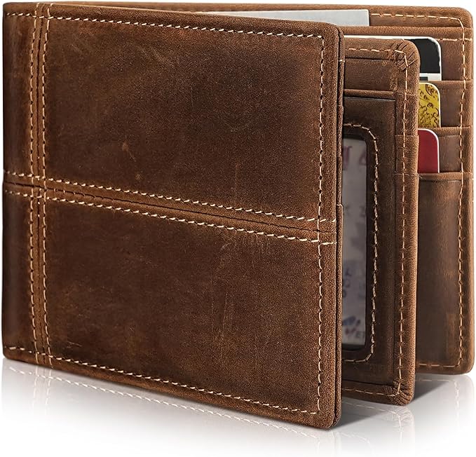 Mens Wallet Bifold Genuine Leather RFID Blocking Wallet for Men with 1 ID Window 13 Card Holders 2 cash pockets 1 Gift Box