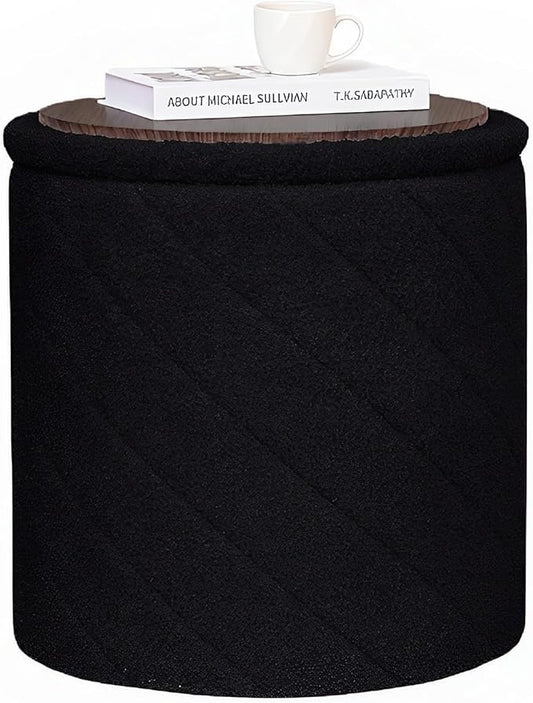 B FSOBEIIALEO Ottoman with Stroage, Boucle Round Storage Ottoman with Tray, Foot Rest Stool for Dorm Room, Living Room Black, 16.93"x16.93"x17.72"