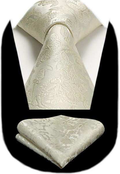 HISDERN Men Floral Ties Woven Classic 3.4" Necktie Set Formal Tie Pocket Square for Wedding with Handkerchief Gift Box