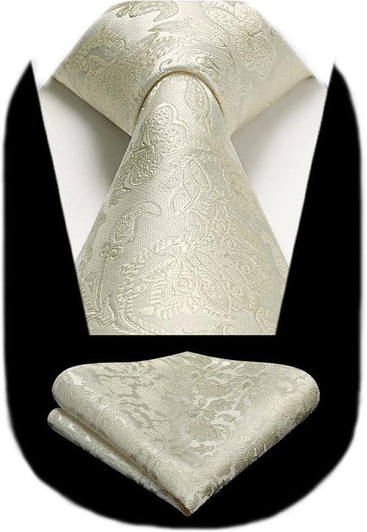 HISDERN Men Floral Ties Woven Classic 3.4" Necktie Set Formal Tie Pocket Square for Wedding with Handkerchief Gift Box