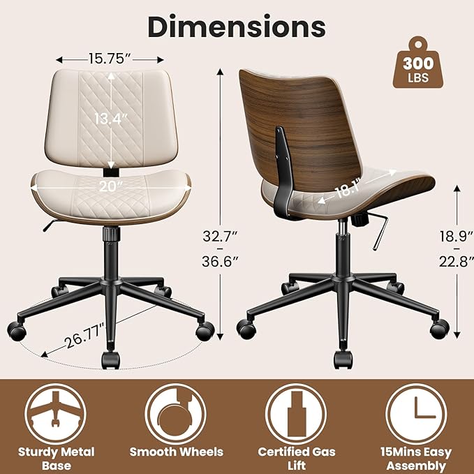 Armless Office Chair, Mid Century Modern Desk Chair with Walnut Wood Back & SGS Level 3 Gas Lift, Swivel PU Leather Computer Chair for Small Space, Home Office, Bedroom, 300lbs Cap, Beige