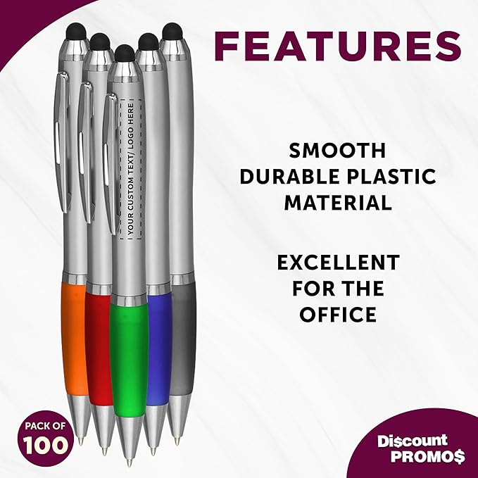 DISCOUNT PROMOS 100 Stylus Ballpoint Pens in Assorted Colors Pack - Customizable Text, Logo - Two in One, Ergonomic, Black Ink - Assorted