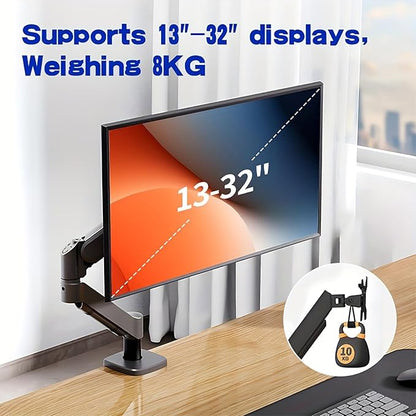 Ultrawide Monitor Arm for 13 to 32 inch Flat/Curved Computer Screen, Gas Spring Single Monitor Mount Holds up to 17.63 lbs, Clamp & Grommet Base, VESA 75x75/100x100mm, Black