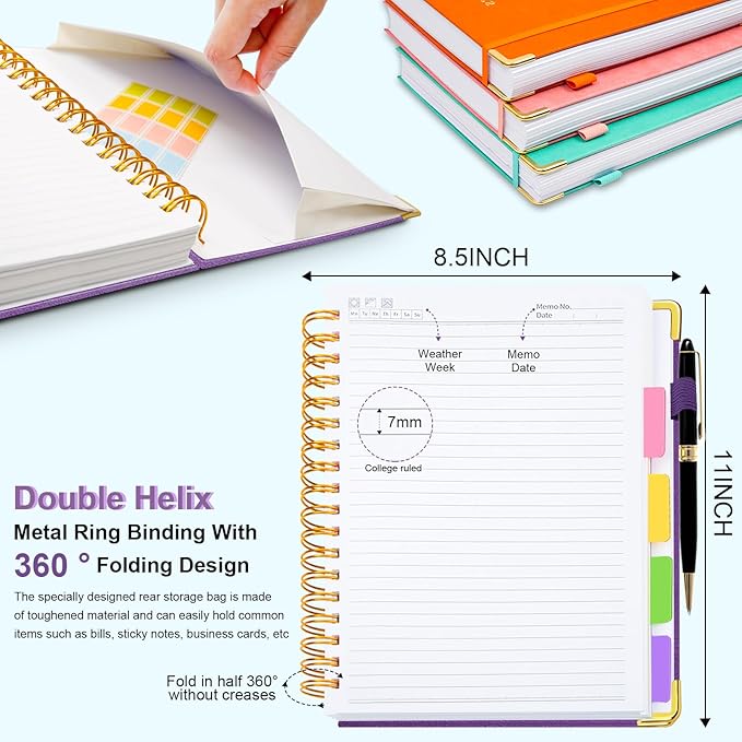 Hardcover Spiral Notebook 8.5"x11" Journal Notebook with Tabs and Removable Dividers 300 Pages 5 Subject Notebook College Ruled, Faux Leather Spiral Bound Notebook for Women School Work (Purple)