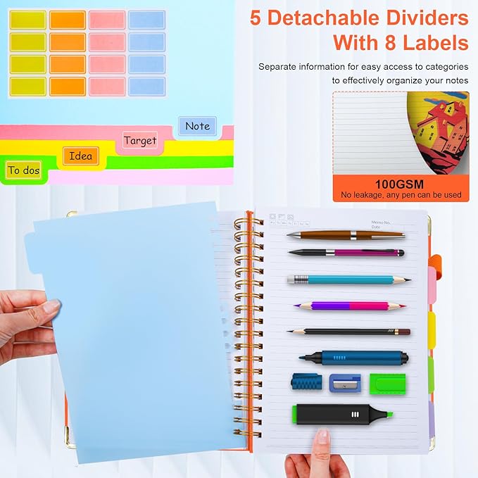 Hardcover Spiral Notebook 6.2"x 8.2" Journal Notebook with Tabs and Removable Dividers 300 Pages 5 Subject Notebook College Ruled, Faux Leather Spiral Bound Notebook for Women School Work(Orange)