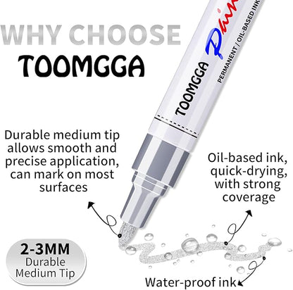 Silver Paint Pens Paint Markers - 6 Pack Permanent Markers Oil Based for Metal Wood, Pens for Metal, Car Tyre,Wood, Plastic, Rock Painting, Glass, Craft Supplies,Waterproof