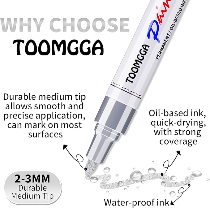 Silver Paint Pens Paint Markers - 8 Pack Permanent Markers Oil Based for Metal Wood, Pens for Metal, Car Tyre,Wood, Plastic, Rock Painting, Glass, Craft Supplies,Waterproof