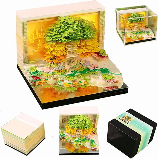 Time Piece Calendar 2026 Desk Calendar 3D Memo Pad Weekly Calendar Tear-Away Paper Carving Art Notepad Gift for Thanksgiving Christmas With LED Lights for Desktop Decor-Flower Island