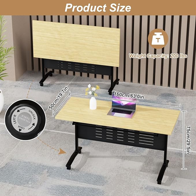 Folding Conference Table,Conference Table with Wheels,Large Flip-Top Training Table,Freely Combinations,Easy to Move for Offices, Schools,Training Rooms（8,A-Yellow,63in）