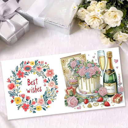 6pcs DIY Flowers Cake Diamond Art Painting Greeting Cards Kit, Rhinestone Art Holiday Birthday Card Set with Envelopes, DIY Festival Craft for Girlfriend, Christmas Valentine Gift Making Supplies
