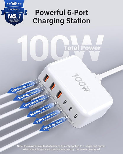 [2026 Updated] USB C Fast Charger, 100W GaN 6 Port Type C Charging Station Hub Block Cube, USB C Wall Charger Power Strip Adapter Plug for iPad iPhone 17 16 15 14 Pro Max Pixel Note Galaxy, 5ft Cord