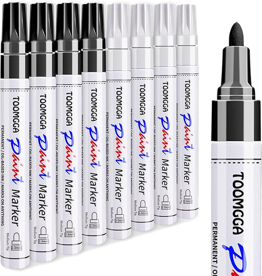 White and Black Permanent Markers Paint Pens - 8 Pack Oil Based Paint Markers, Medium Tip, Quick Drying Pens for Wood, Metal, Rock Painting, Mugs, Canvas, Clothes, Plastic Marking