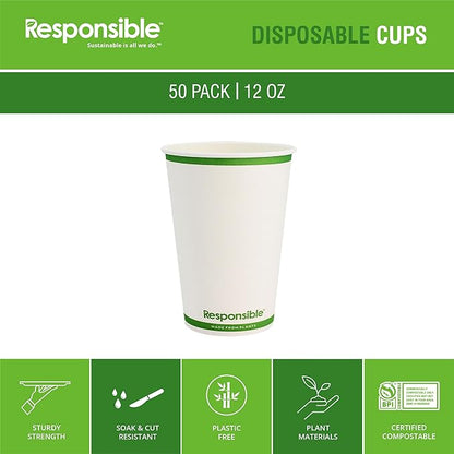 Responsible Products Certified Compostable 12 oz Paper Cups, Cold ＆ Hot Coffee Cups, Disposable Paper Cups, Extra Strength Disposable Cups, Made without PFAS (50 count)