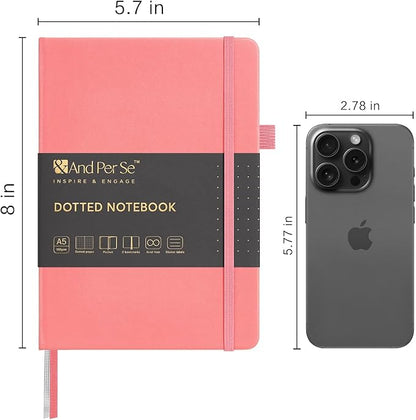 A5 Hardcover Leather Bullet Dotted Journal, 160 Pages 100GSM Thick Paper, 3 Sheets of Stickers Included - 5.7'' x 8'' (Rose pink)