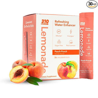 310 Nutrition Sugar-Free Lemonade Water Flavoring Packets - Peach Punch Hydration with Alkalizing Minerals - Low-Calorie Water Enhancer for Energy & Refreshment - 30 Singles - Made in The USA