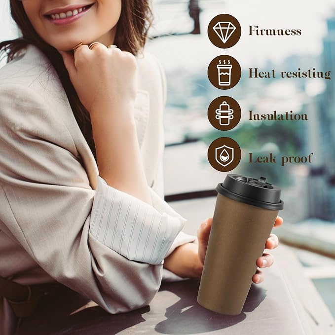 LITOPAK 100 Pack 20 oz Disposable Paper Coffee Cups with Lids for Coffee, Water, Juice, or Tea, Brown Hot Paper Cups for Home, Restaurant, Store, and Cafe