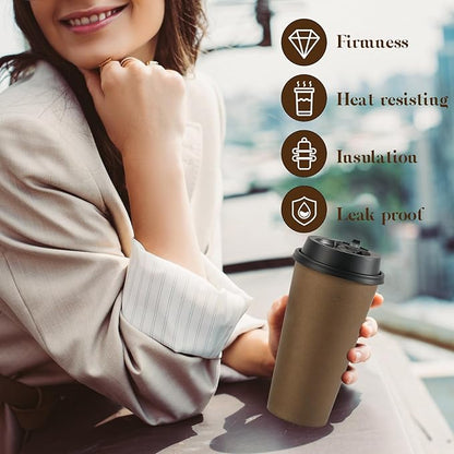 LITOPAK 100 Pack 20 oz Disposable Paper Coffee Cups with Lids for Coffee, Water, Juice, or Tea, Brown Hot Paper Cups for Home, Restaurant, Store, and Cafe