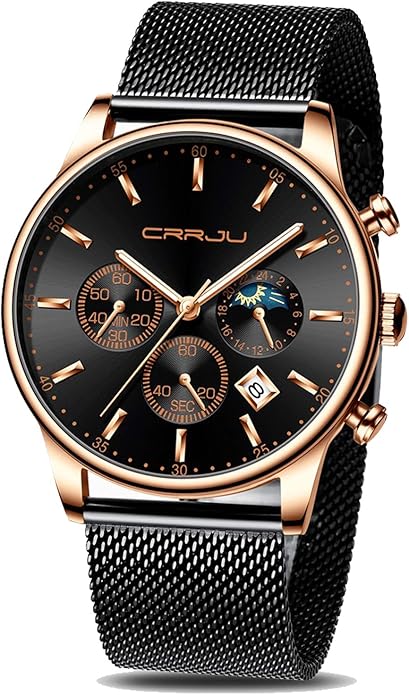 CRRJU Men's Fashion Casual Watches Auto Date Chronograph Watch Men Nice Work Watches Waterproof 30M Full Steel Quartz with Mesh Strap
