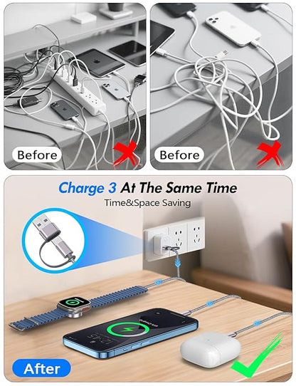 1Pack Multi Charging Cable Cord for Travel Essentials,Apple Watch Charger,iPhone Charger,[3-in-2] Type C/Lightning Cable Portable Designed for iWatch,iPhone 17-8,Galaxy S25-21,AirPods,iPad-1.5M Gray