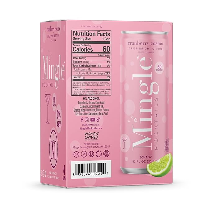 Mingle Mocktails - Blackberry Hibiscus Bellini, Cranberry Cosmo, Key Lime Margarita, Blood Orange Elderflower Mimosa, Cucumber Melon Mojito, Sparkling Raspberry Rose, Variety Pack, Premium Non Alcoholic Cocktails,12 FL OZ Cans (24 Pack Cans)